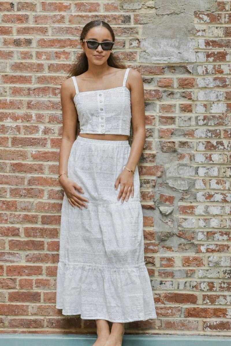 Skylar White Heart & Flower Eyelet With White Ribbon Tank Top