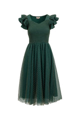 Hattie Dress in Green Flocked Dot Tulle