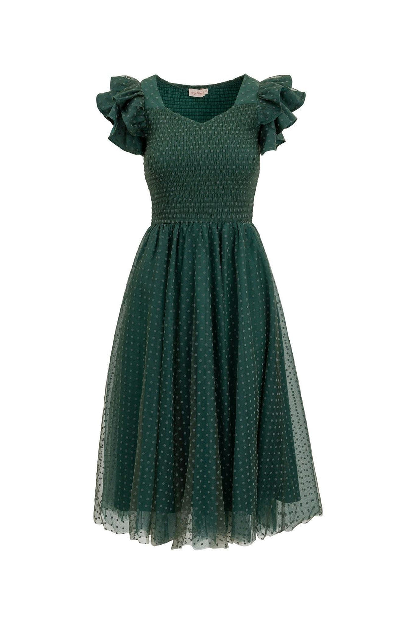 Hattie Dress in Green Flocked Dot Tulle