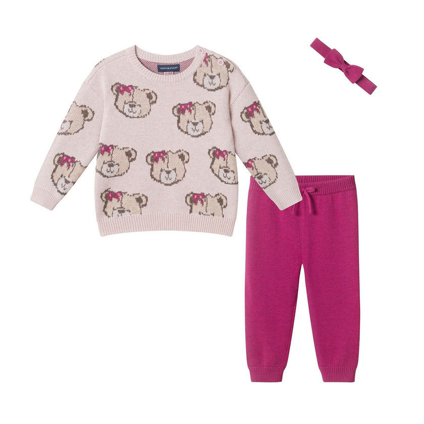 Infant (9-24M) Girls 3-Piece Sweater Set | Bears & Bows - Pink