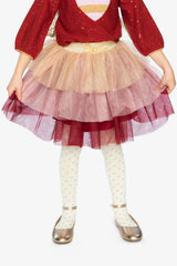 Multi Layer Glittering Mesh Skirt Red, Pink And Beige