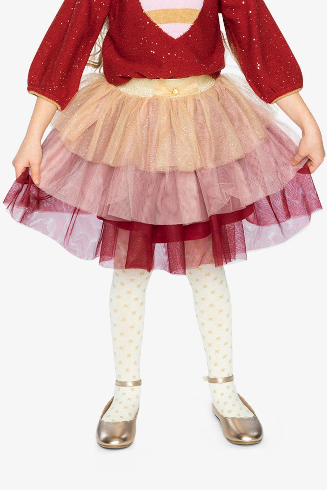 Multi Layer Glittering Mesh Skirt Red, Pink And Beige