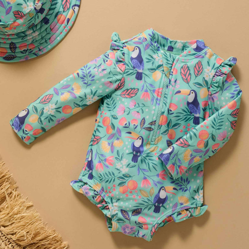 Frilly L/S Swimsuit and Hat Toucan Print