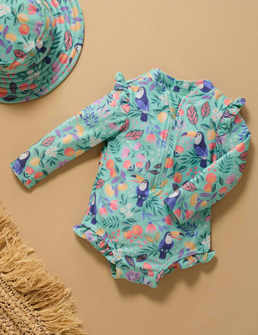 Frilly L/S Swimsuit and Hat Toucan Print