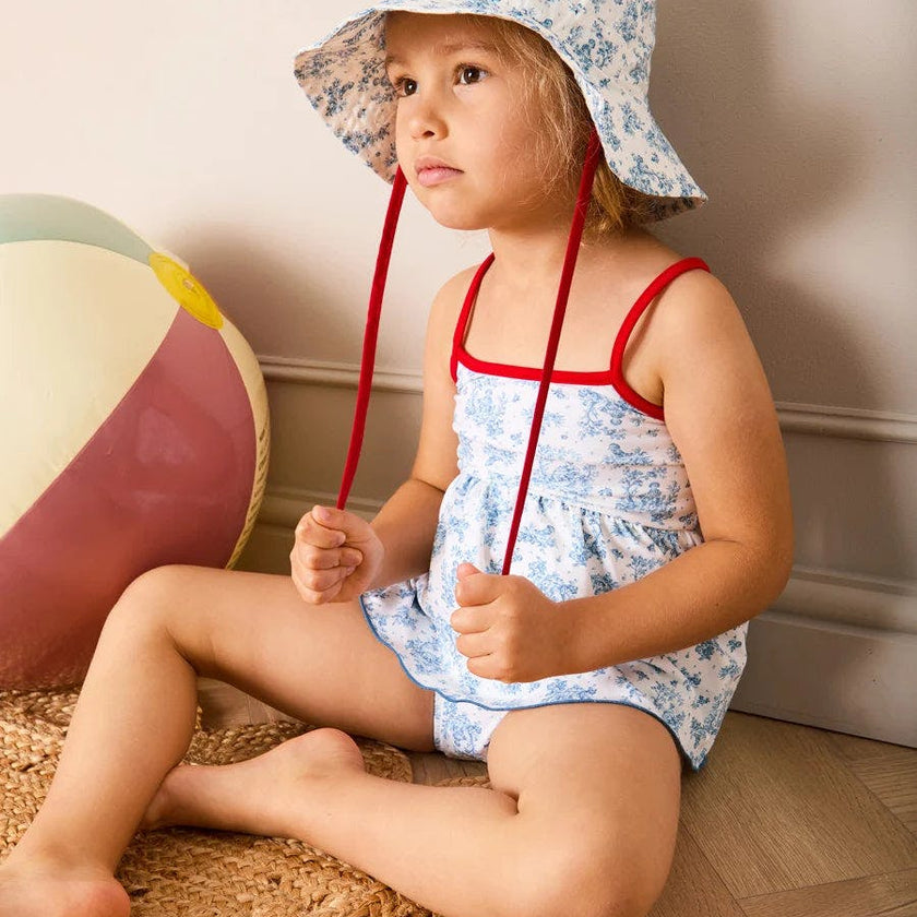 Audrey Toile Bow Detail Smocked Two Piece Swimsuit in Blue (12mths- 10yrs)
