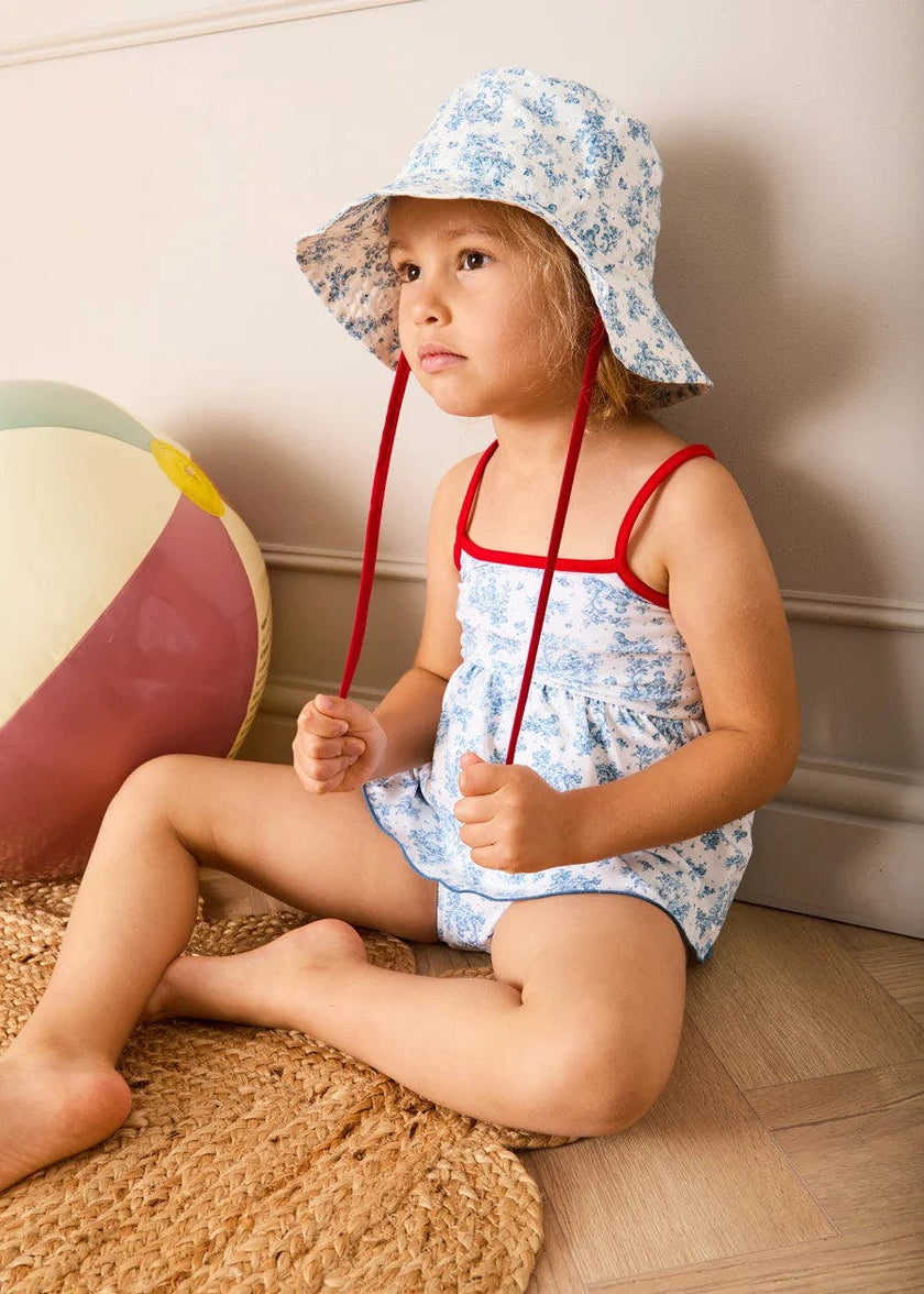 Audrey Toile Bow Detail Smocked Two Piece Swimsuit in Blue (12mths- 10yrs)