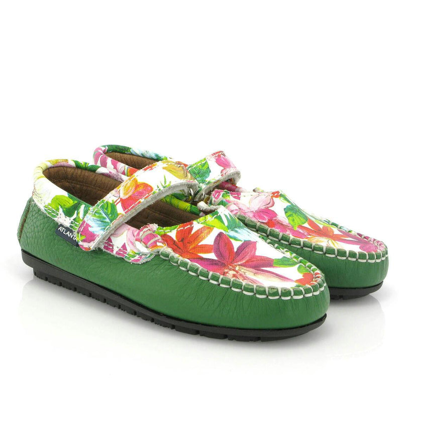 Mary Jane Moccasins, Green Printed Leather