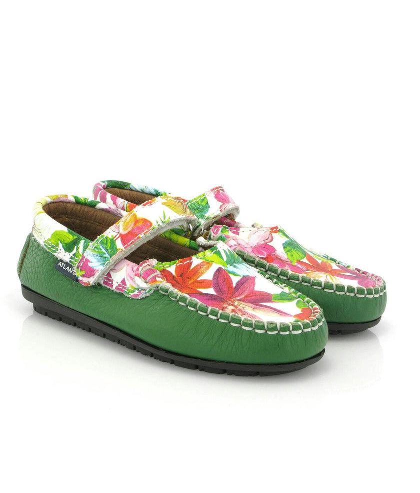 Mary Jane Moccasins, Green Printed Leather