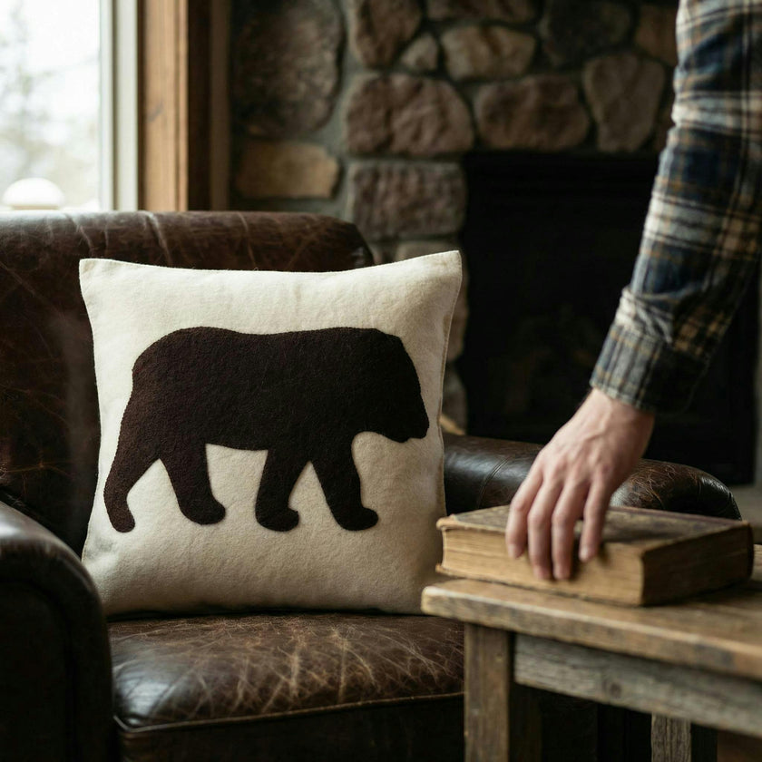 Hand Felted Wool Pillow - Brown Bear Silhouette Cream - 20"