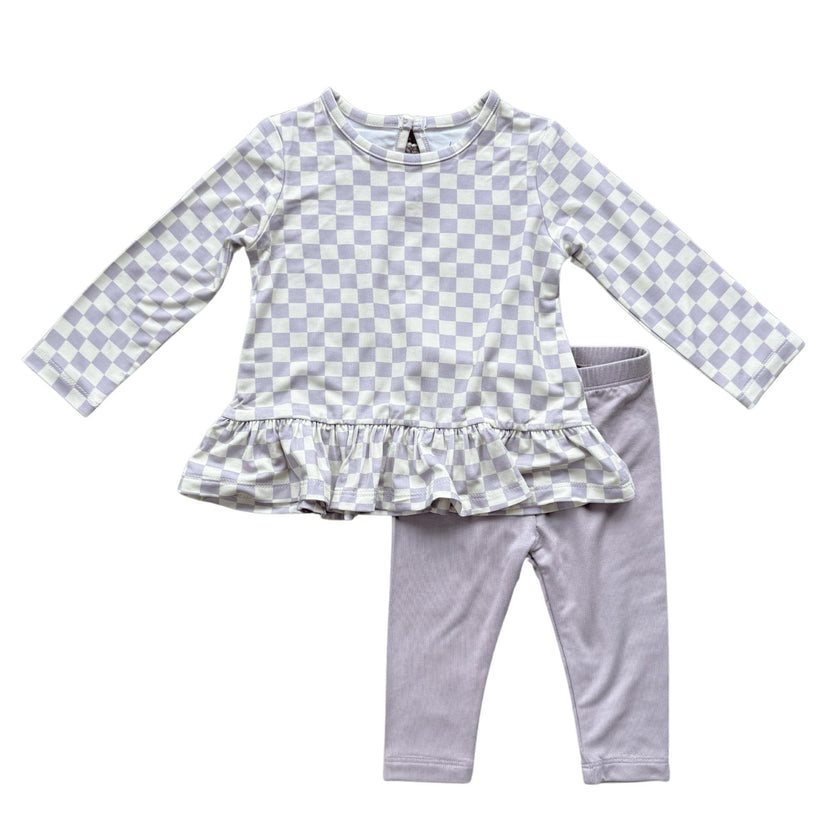 Girls Long Sleeve Peplum Set in Lavender Cloud Checkered
