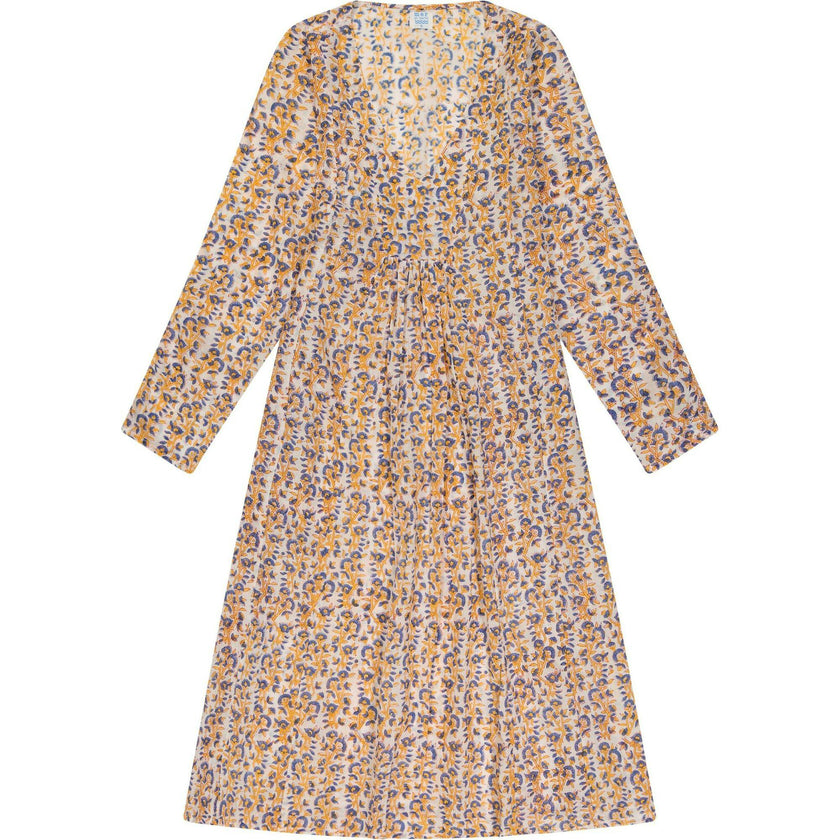 Women's Floral Block Print V-Neck Fit-N-Flare Long Sleeve Caftan  Dress