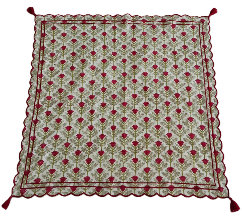 Embroidered Scalloped Scarf with Tassel Red Floral Print