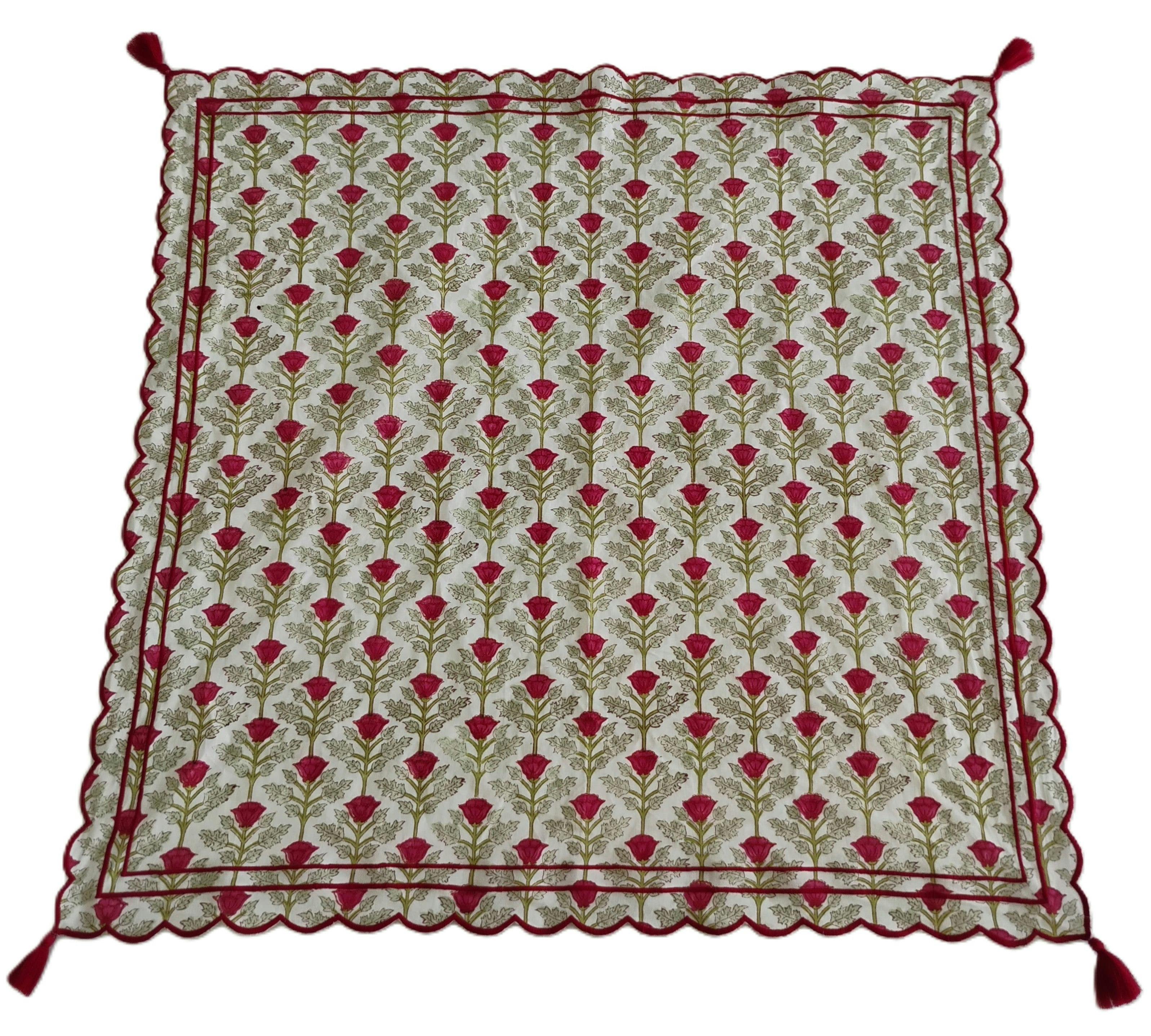 Embroidered Scalloped Scarf with Tassel Red Floral Print