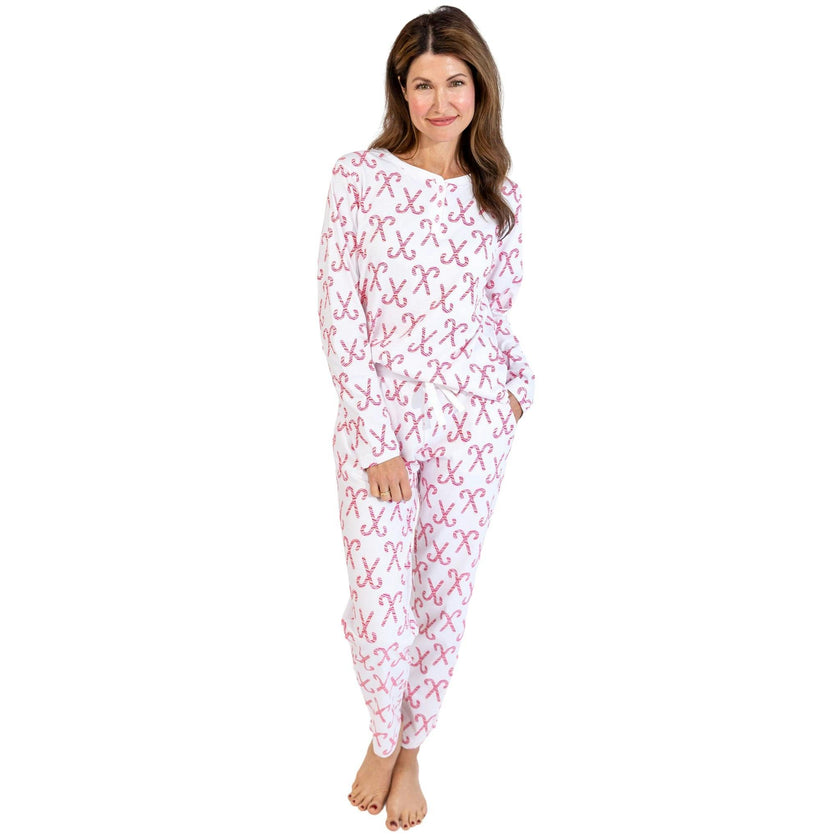 Women's Candy Cane Long PJ Set - Red White Organic Stretch Jersey Knit Cotton