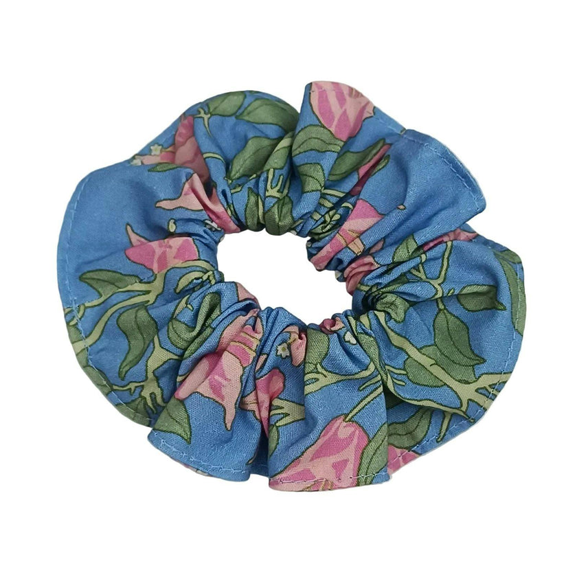 Scrunchie in Blue with Pink Bougainvillea