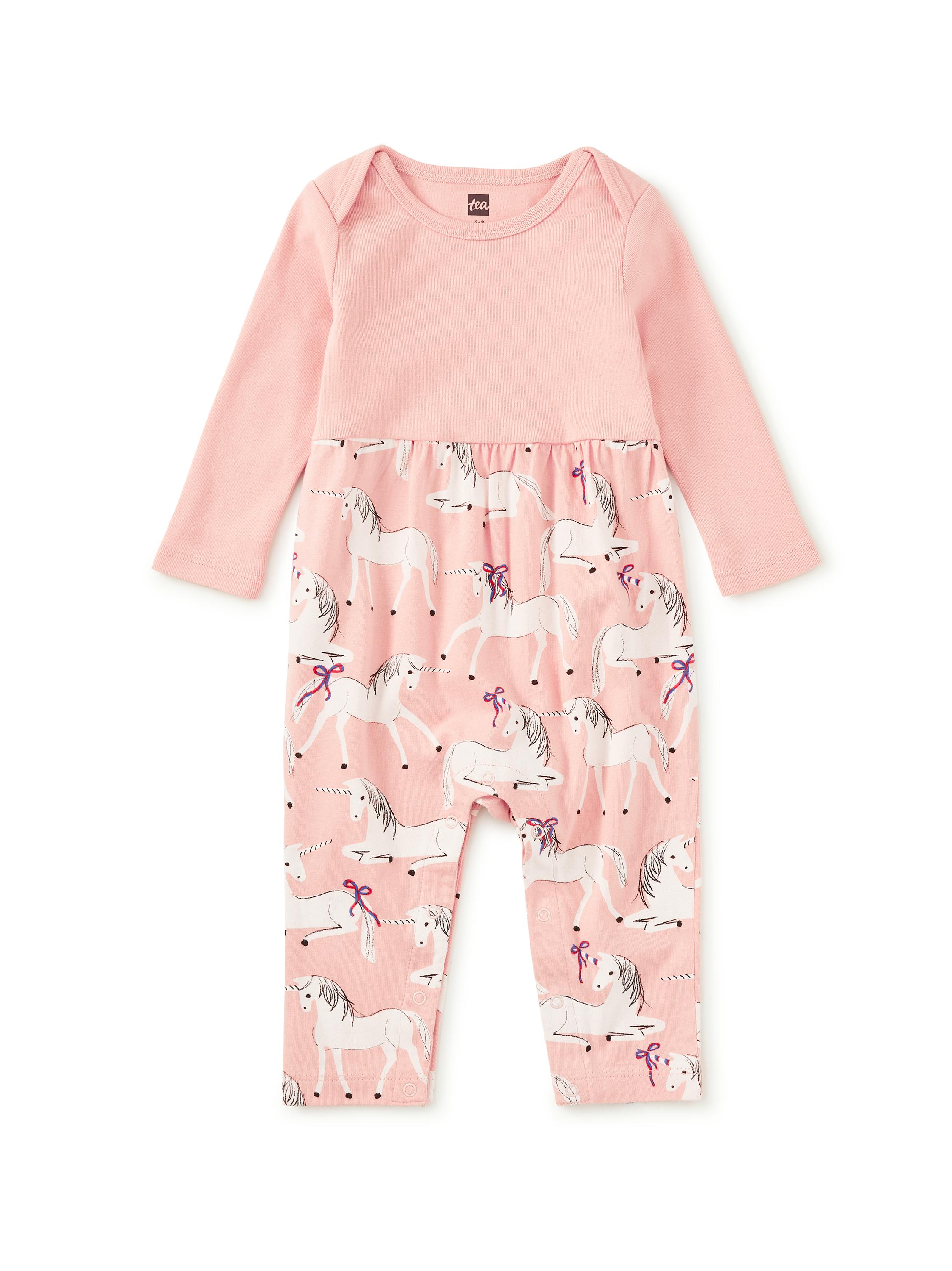 Print Mix Baby Romper, Royal Meadow Unicorns