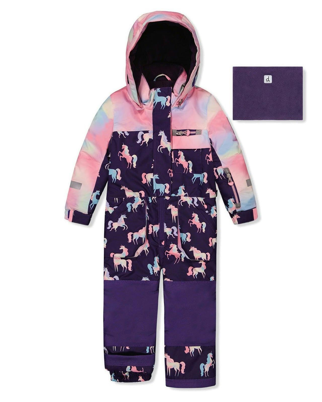 Kids One Piece Play Snowsuit Purple Unicorn Print