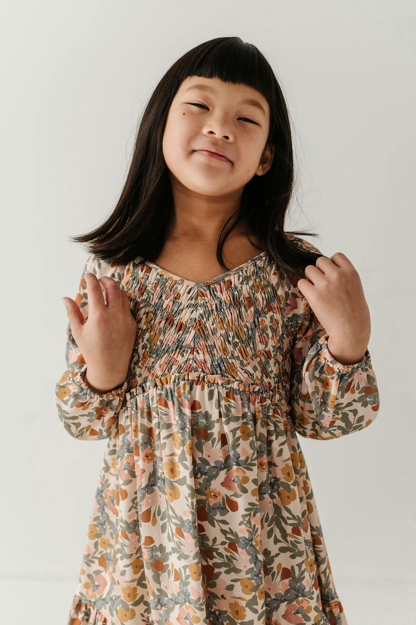Girls Mitered Smocked Front Babydoll Dress in Mason Small Floral