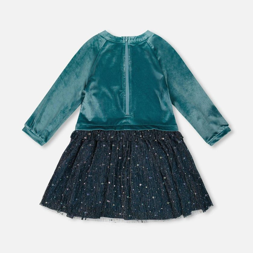 Long Sleeve Bi-Material Velvet and Pleated Mesh Dress