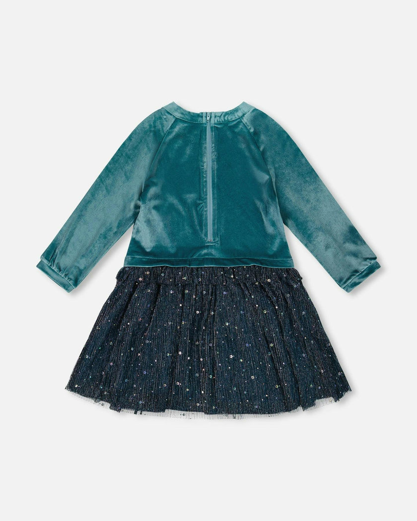 Long Sleeve Bi-Material Velvet and Pleated Mesh Dress