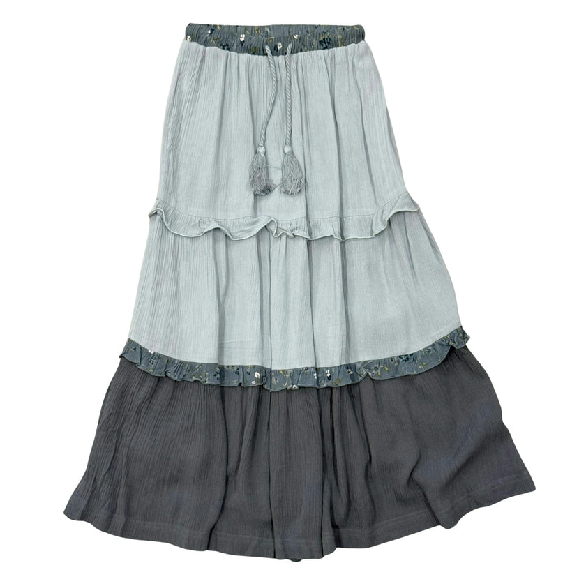 Girls Border Tiered Ruffle Skirt in Grayish Blue