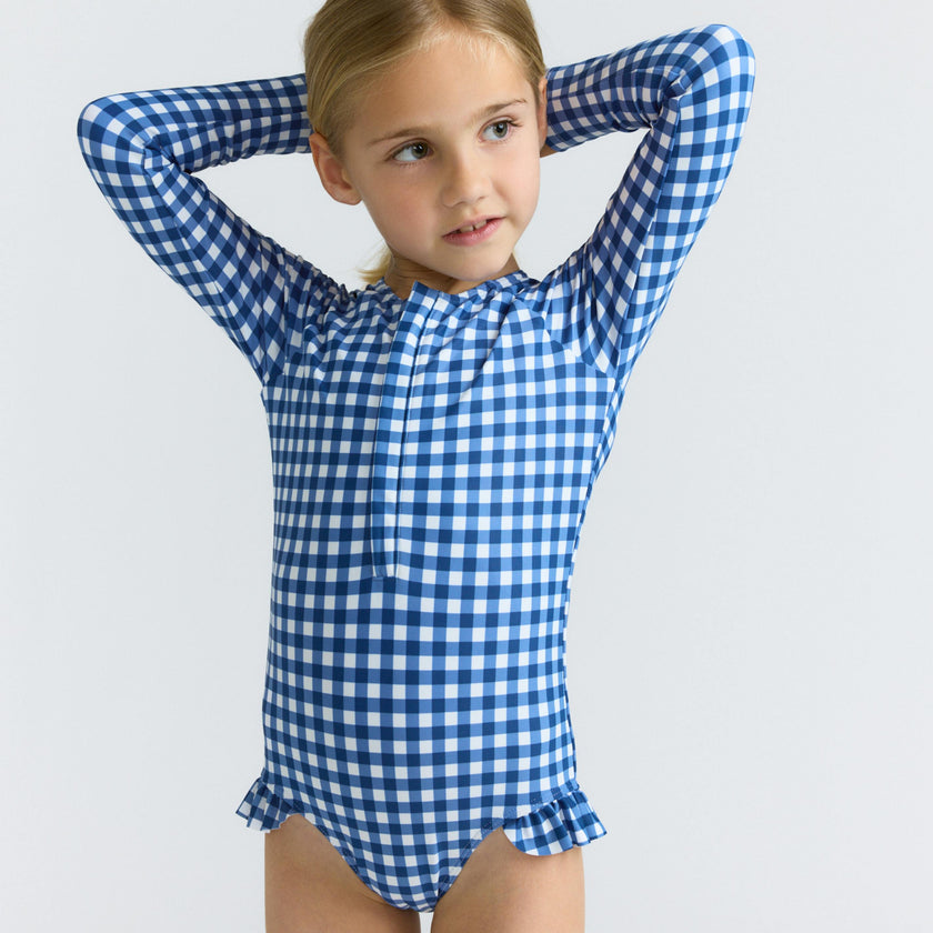 girls navy picnic gingham front zip rashguard one piece
