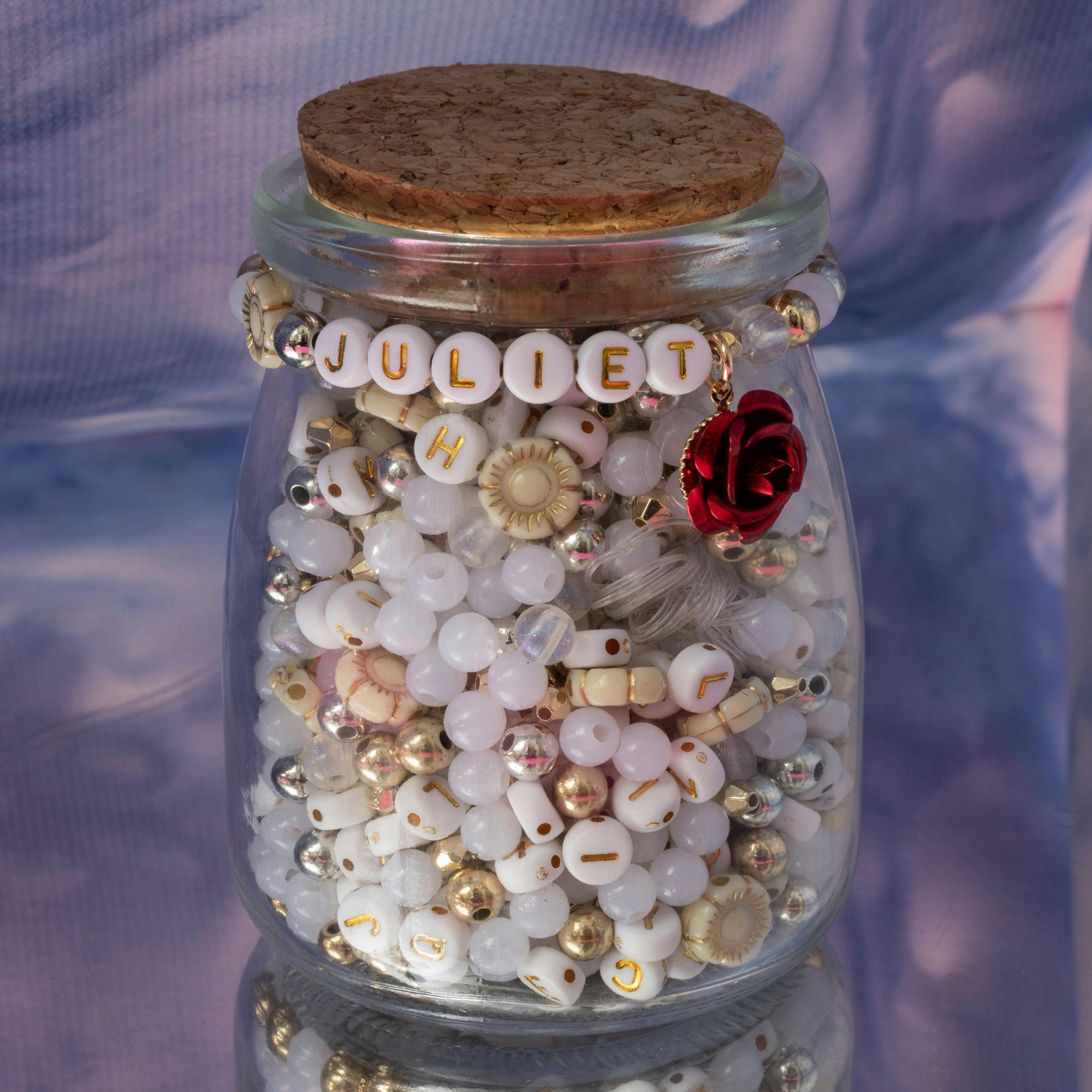 Juliet Floral Gold and White Alphabet Bead DIY Word Bracelt Kit with Red Rose Charm