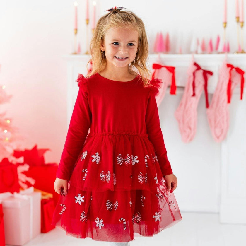 Peppermint Swirl Sequin Christmas Long Sleeve Tutu Dress