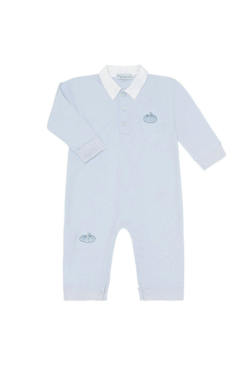 Blue Pumpkin Patch Embroidered Romper LS