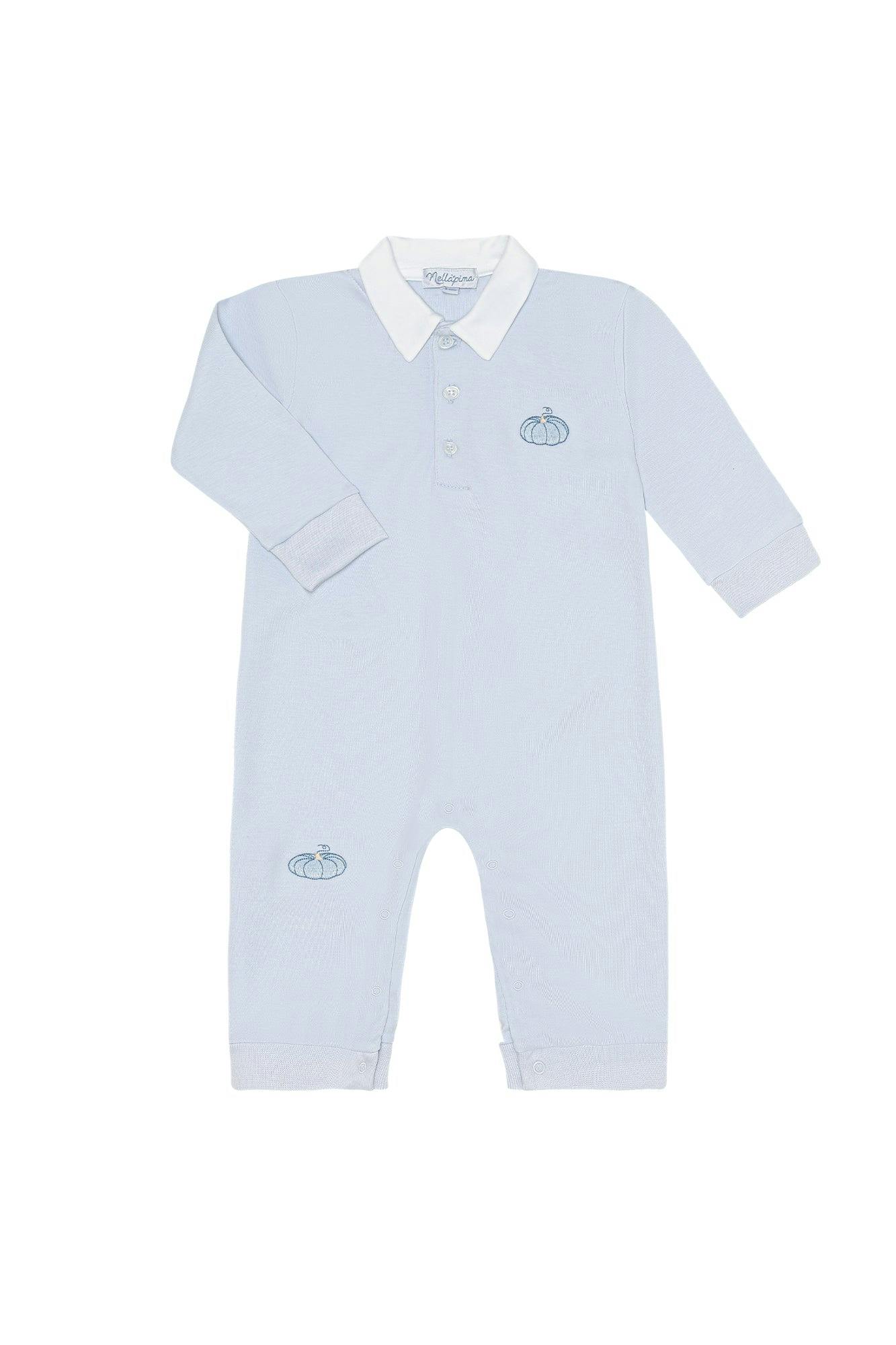 Blue Pumpkin Patch Embroidered Romper LS