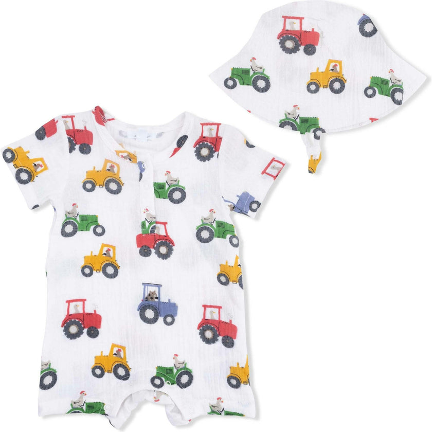 Tractor Friends - Muslin Henley Shortall with Bucket hat
