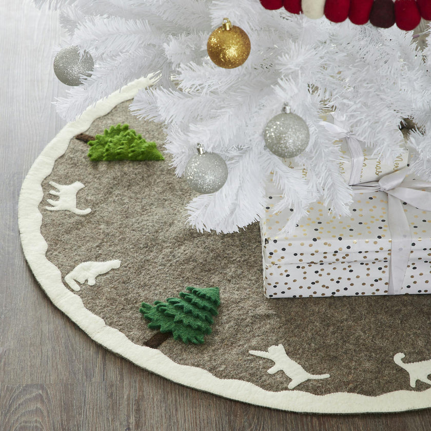 Handmade Felted Cats and Green Trees Grey Christmas Tree Skirt 36",