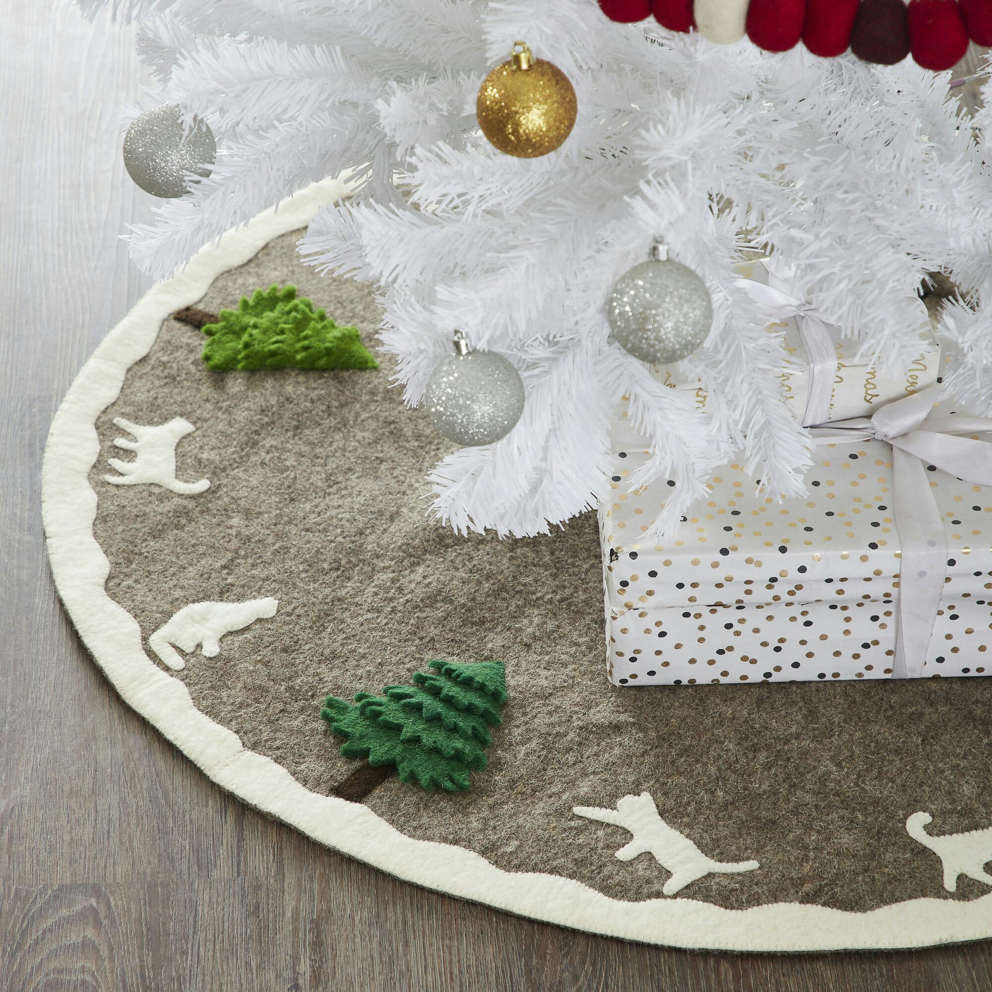 Handmade Felted Cats and Green Trees Grey Christmas Tree Skirt 36