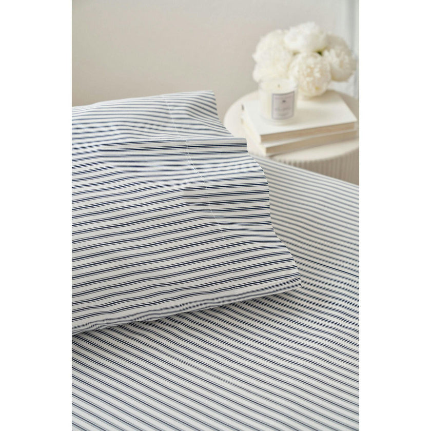 Luxe Premium Percale Bed Sheets in Navy French Ticking