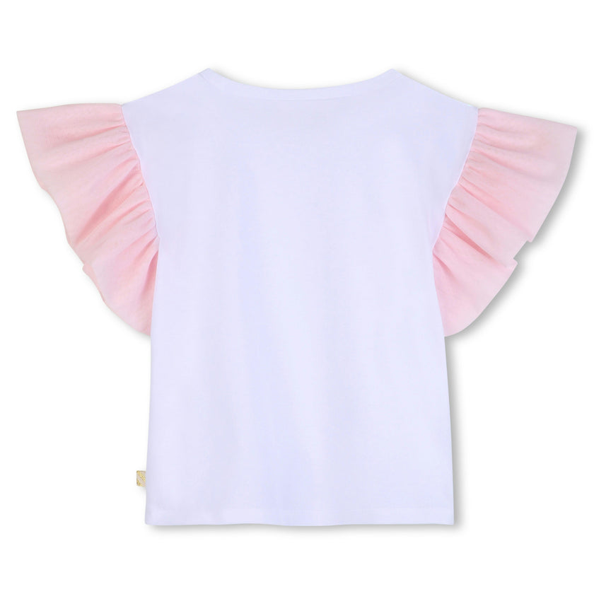 White T‑Shirt with Pink Ruffled Floral Sleeves