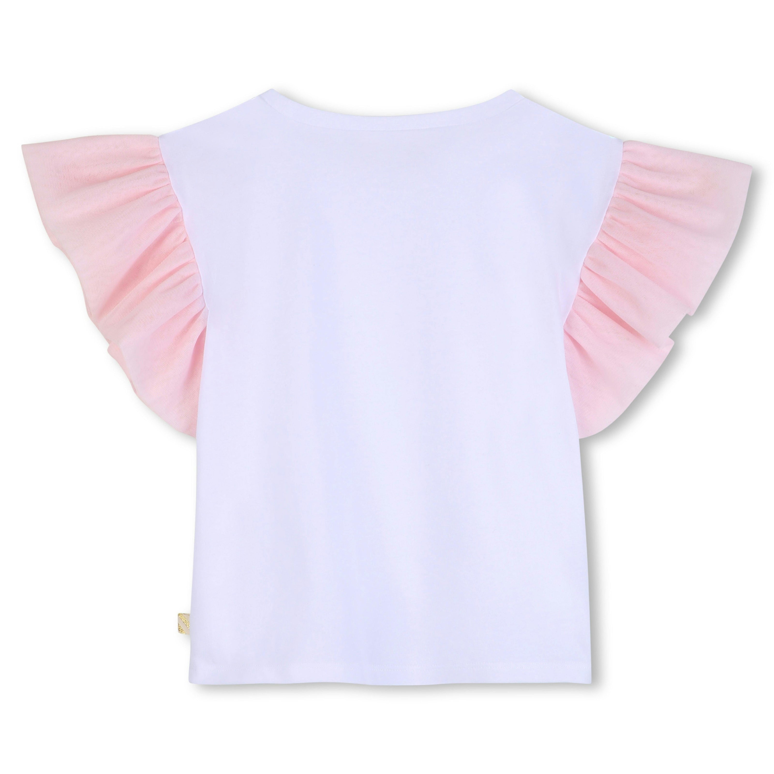 White T‑Shirt with Pink Ruffled Floral Sleeves