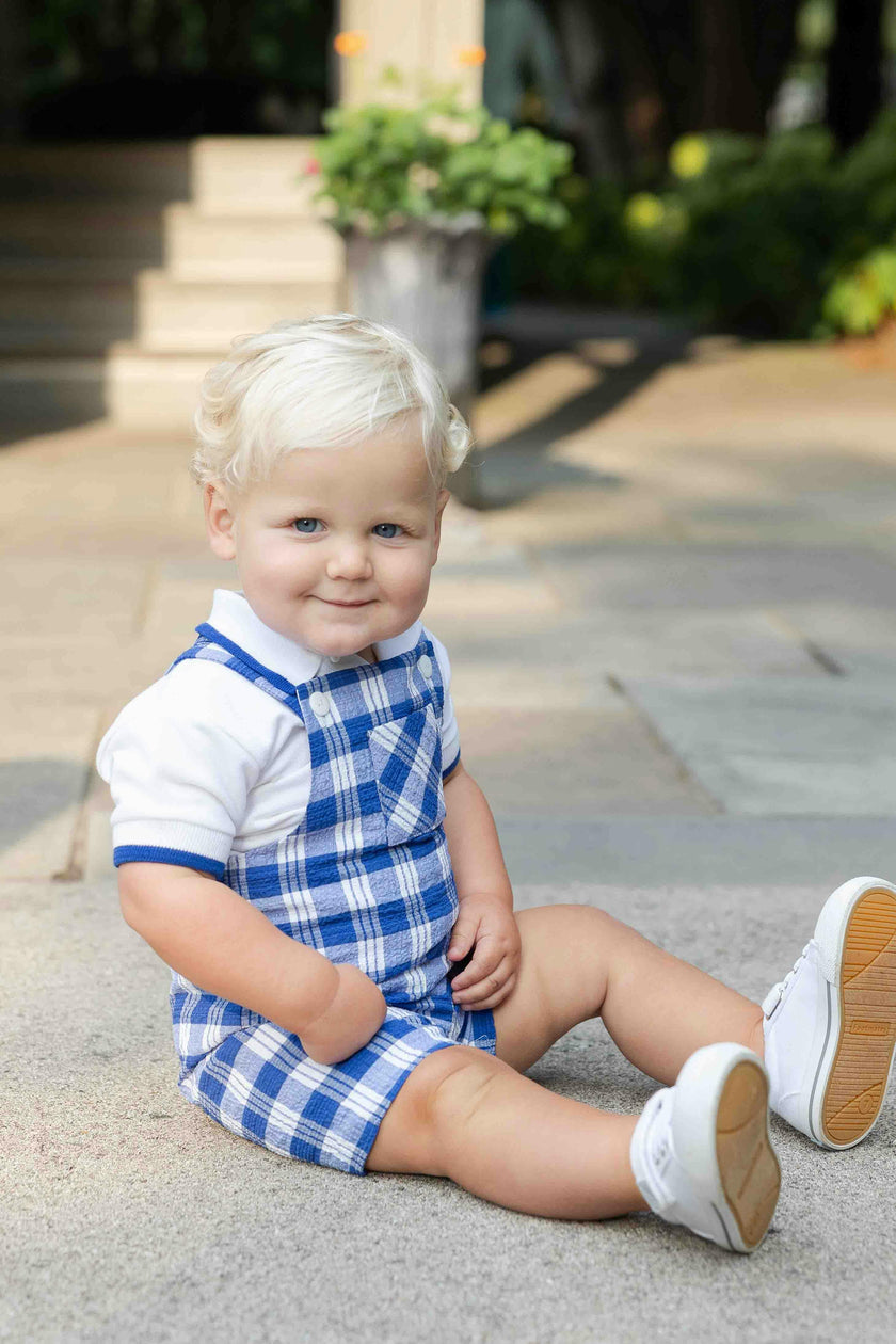 Plaid Seersucker Shortall With Front Pocket