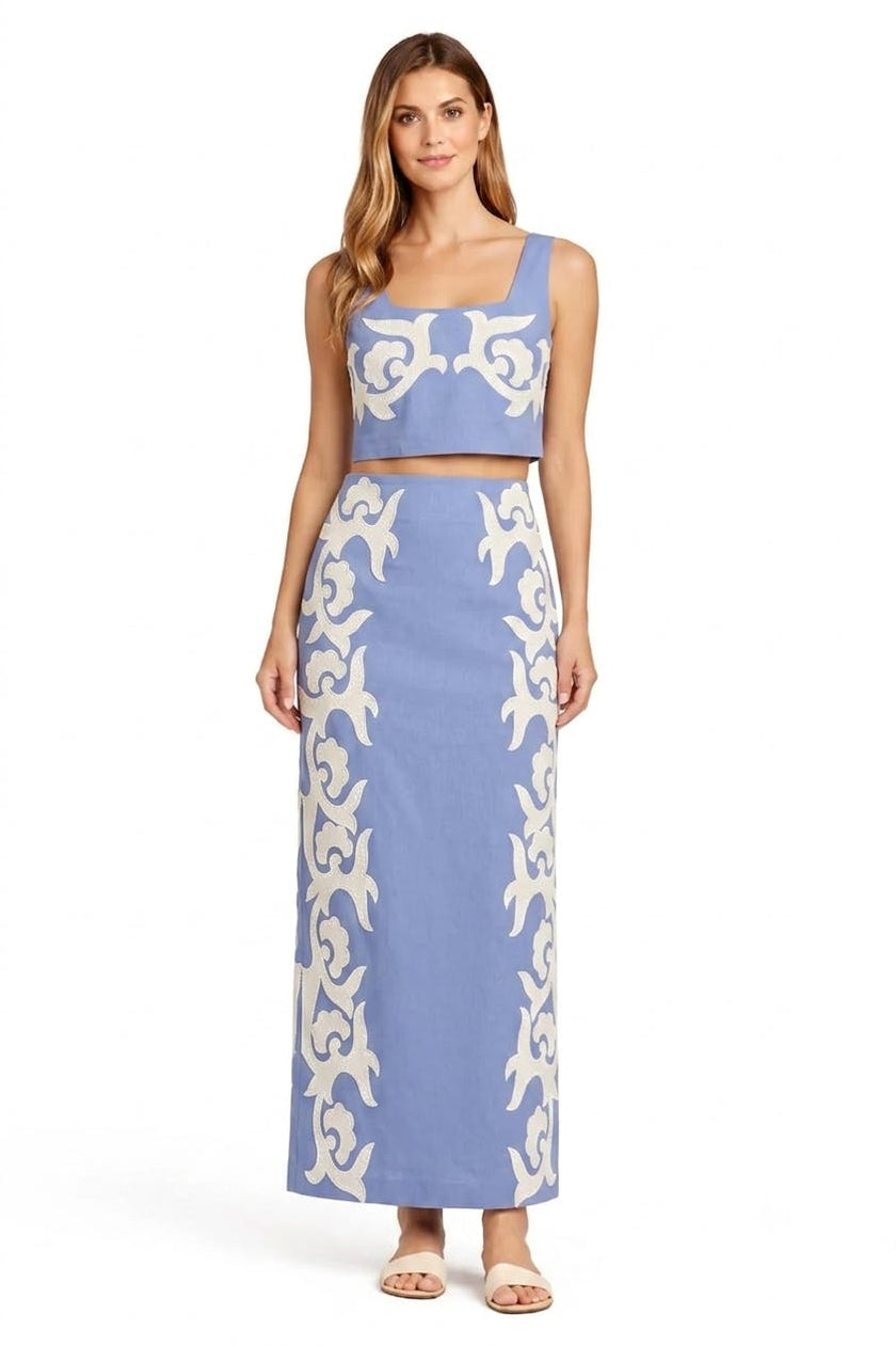 Dillon Ice Blue Fleur Midi Skirt