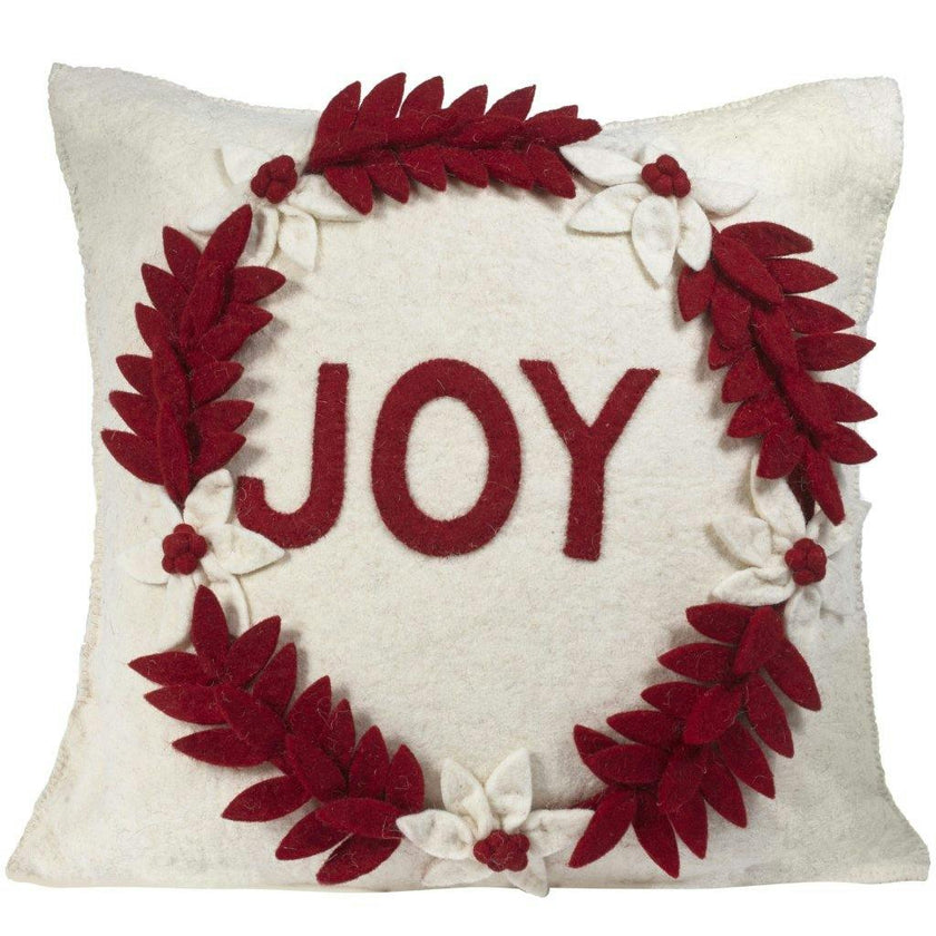 Hand Felted Wool Christmas Pillow - JOY Wreath Cream - 20"