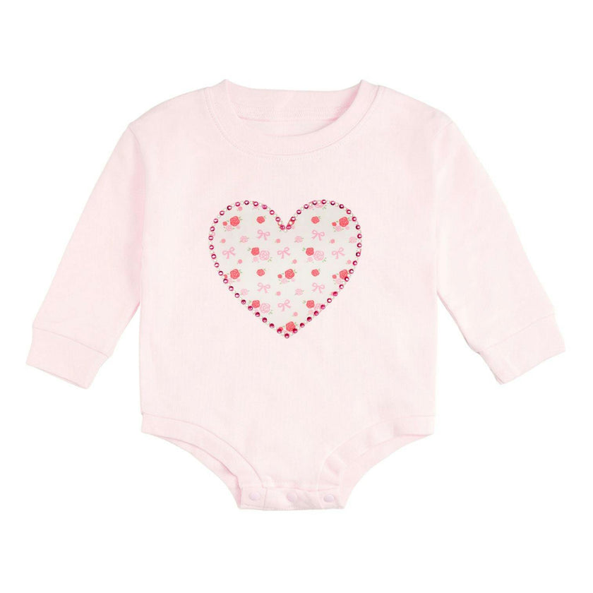 Dainty Rose Pearl Heart Patch Long Sleeve Romper
