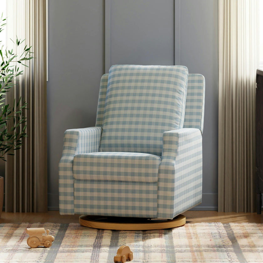 Crewe Electronic Recliner and Swivel Glider in Blue Gingham with Light Wood Base