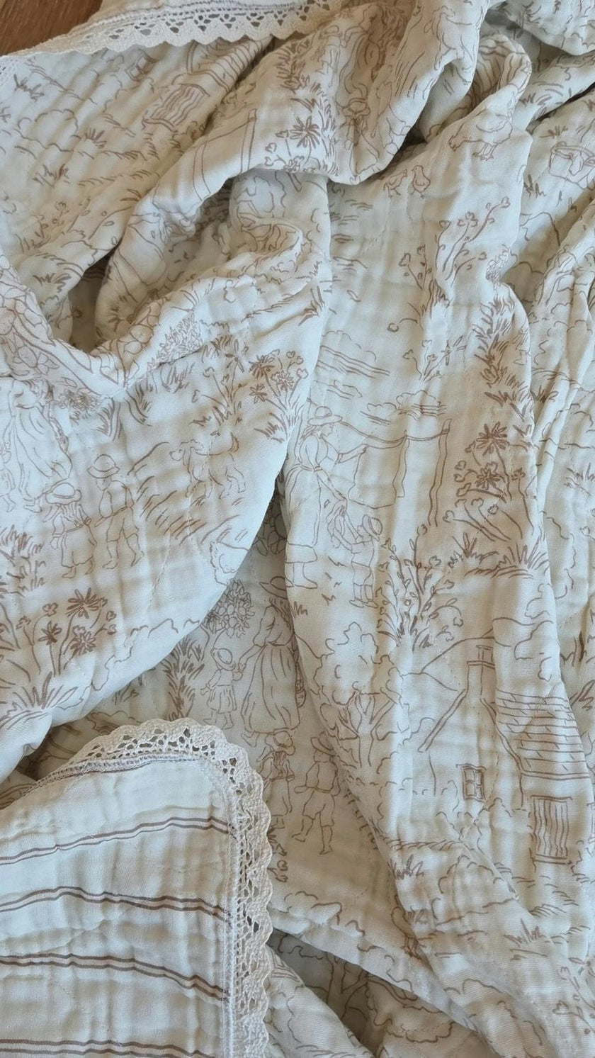 Ida Homestead Toile De Jouy QUILTED 6 Layer Gauze Blanket