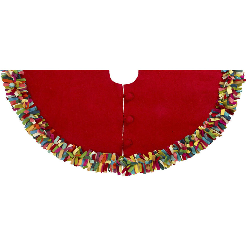 Handmade Felt Multicolor Fringe Border Red Wool Christmas Tree Skirt