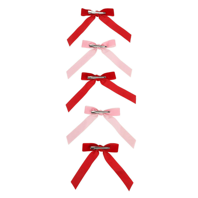 Packed Party Pink and Red Velvet Clip-On Bow Set of 5 - Luxe Velveteen Ribbon Bows with Metal Clip for Napkins Place Settings and Party Favors