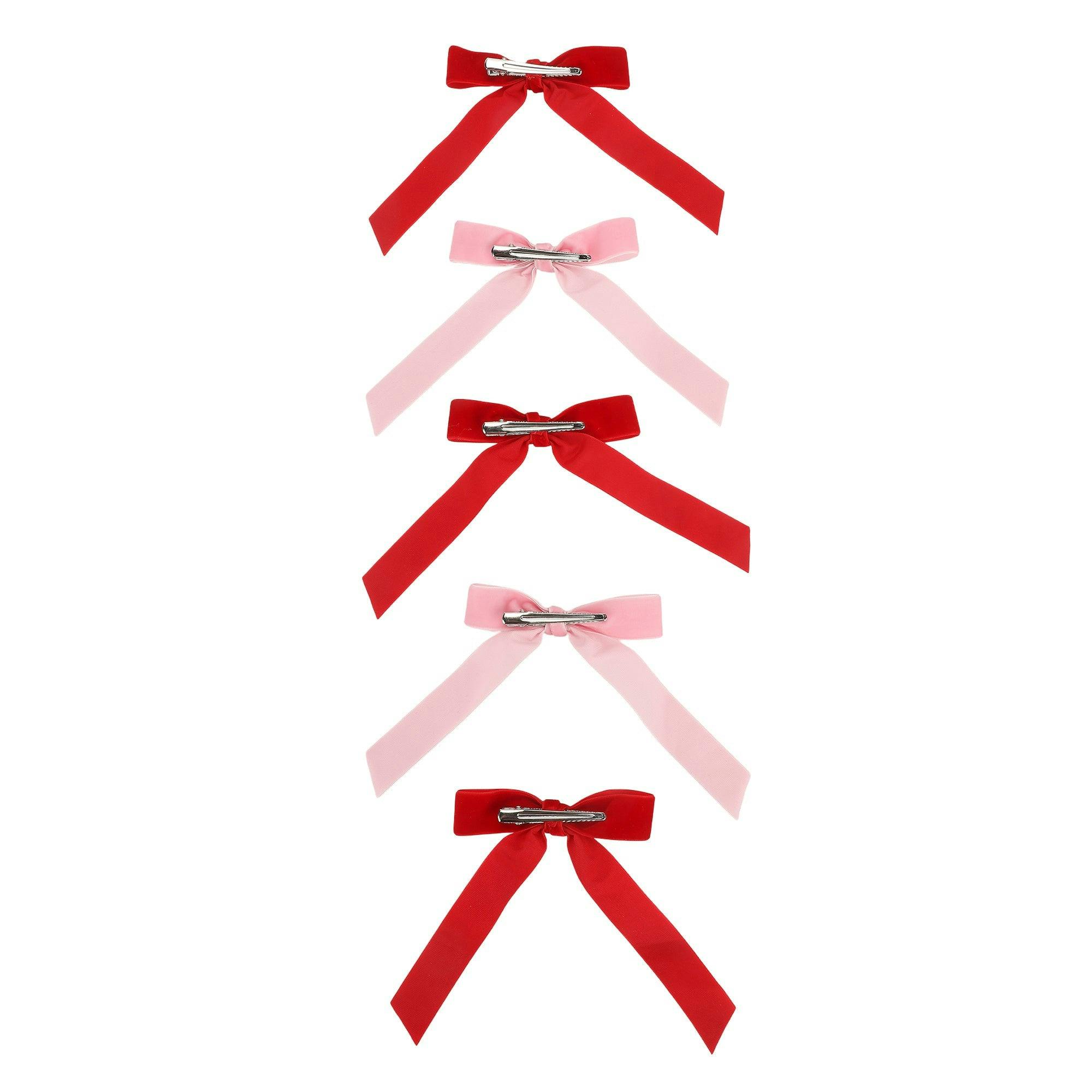 Packed Party Pink and Red Velvet Clip-On Bow Set of 5 - Luxe Velveteen Ribbon Bows with Metal Clip for Napkins Place Settings and Party Favors