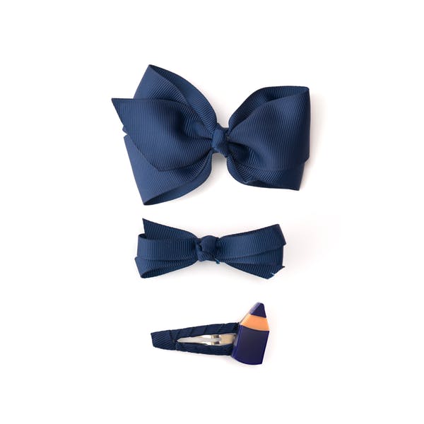Pencil and Fabric Bows Navy Hair Clips