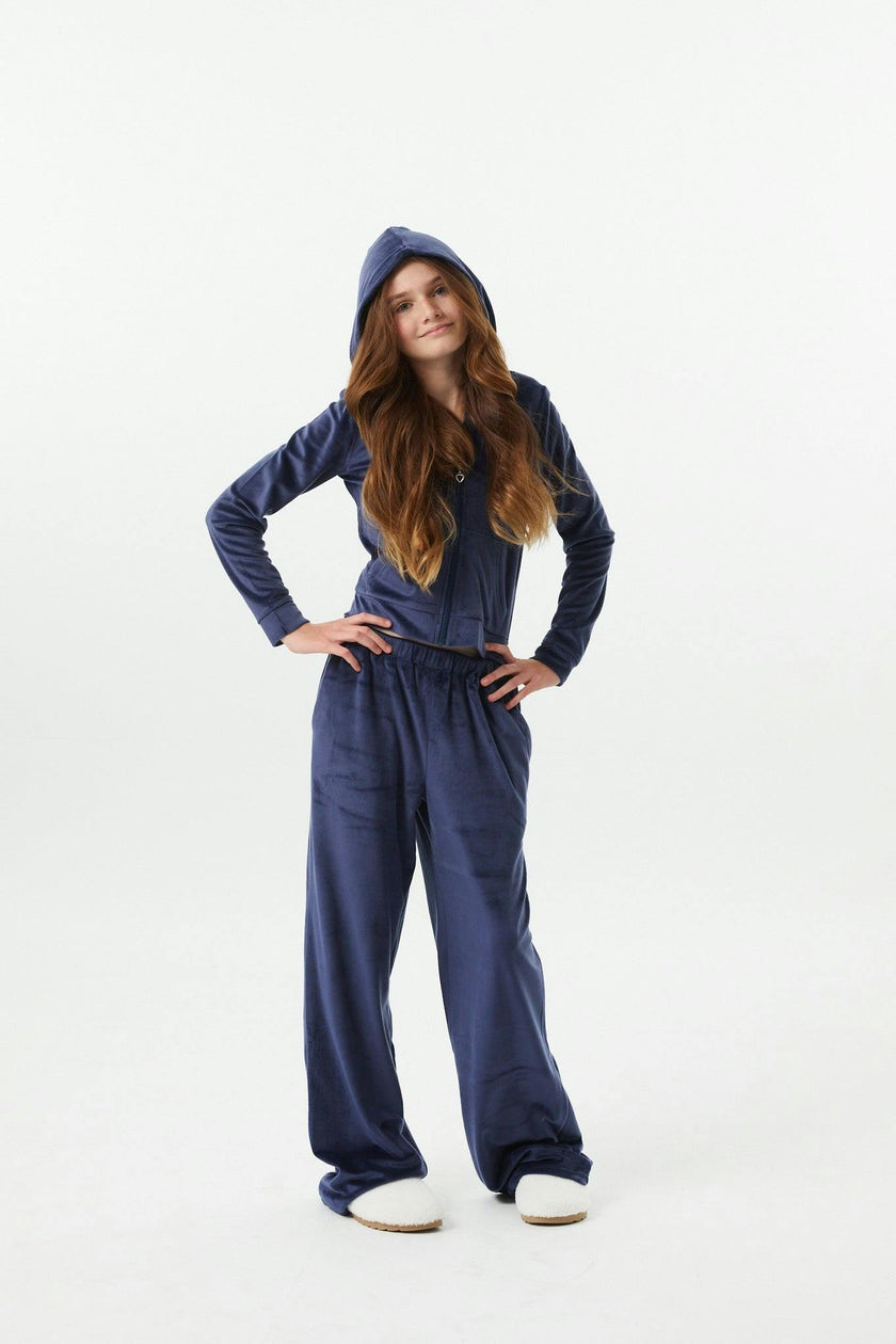 Elle Navy Stretch Velour Zip up Hoodie Sweatshirt