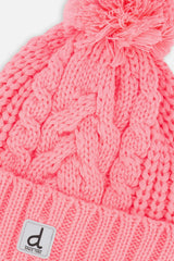 Winter Knit Hat with Pompom Neon Coral