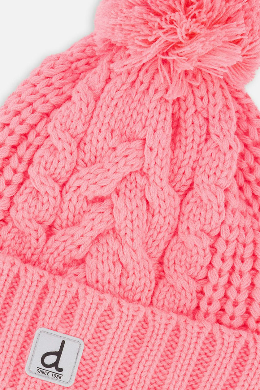 Winter Knit Hat with Pompom Neon Coral