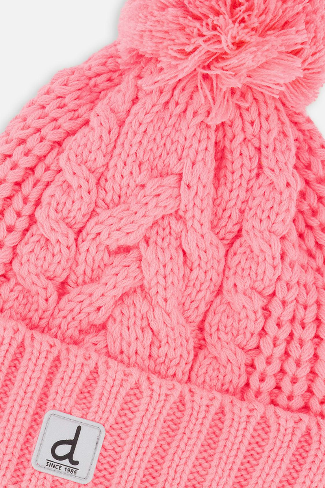 Winter Knit Hat with Pompom Neon Coral